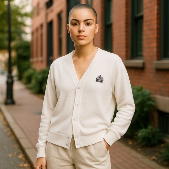 Vintage IZOD Crest Logo White Knit Cardigan Sweater Preppy Collegiate Ivy League - Picture 2 of 5